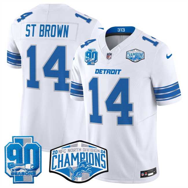 Men%27s Detroit Lions #14 Amon-Ra St. Brown White 2024 NFC North Champions 90th Anniversary Patch F.U.S.E. Vapor Limited Stitched Jersey->detroit lions->NFL Jersey